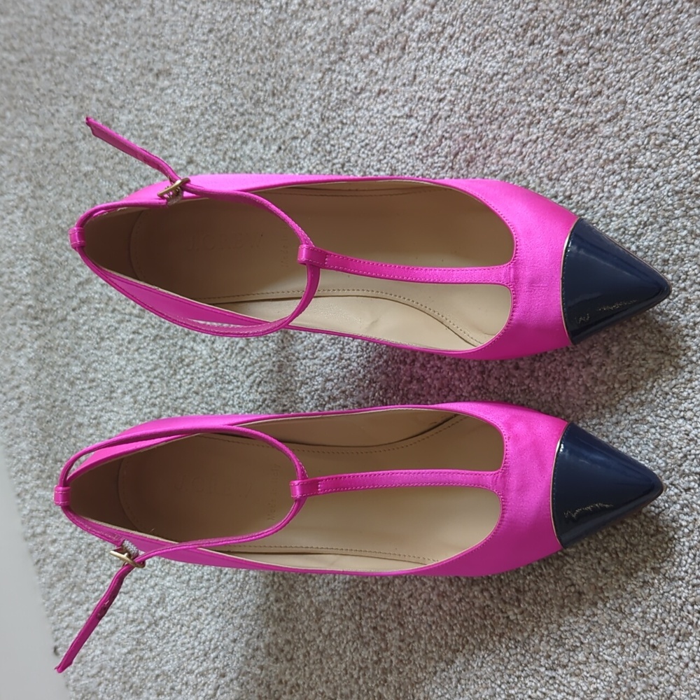 JCrew size 9.5 T strap hot pink heels with navy accent and gold trim